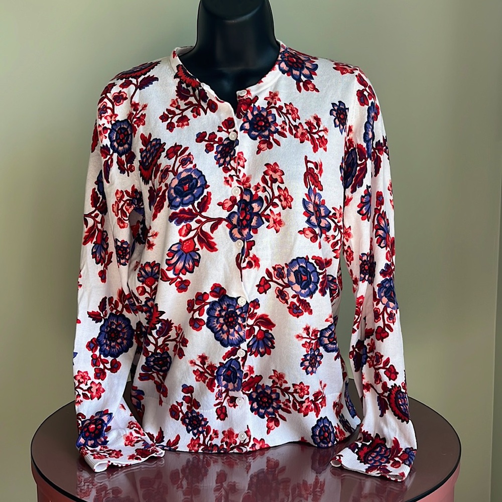 Ann Taylor Floral Cardigan Cotton Knit Long Sleeve white red blue Size L.